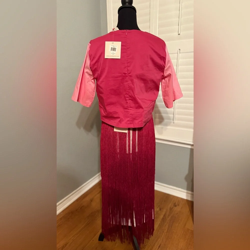 NWT Buru Color Block Elastic-Back Waist Fringe Midi A-Line Skirt Size M - Picture 5 of 6